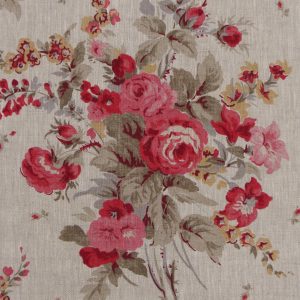 Tissu toile en lin, motifs mprimés fleurs roses vintage