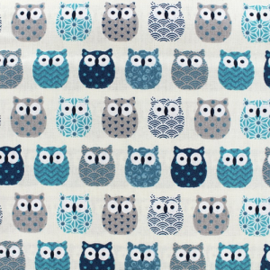 Tissu 100% coton imprimé motif mini hiboux couleur bleu