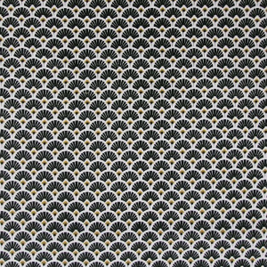 Tissu 100% coton imprimé motif éventails couleurs dorés noir