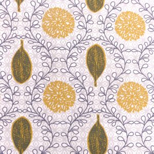 Tissu coton imprimé modèle gambie motif feuilles couleur moutarde et vert kaki