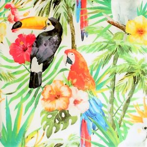 toile transat aux motifs exotiques végétaux et perroquets colorés, pour chaises transat, chiliennes , special plein air, traité outdoor et anti tâches