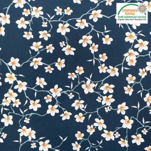 tissu cretonne en coton imprimé garanti Oeko-Tex REF AMANDIER BLEU MARINE