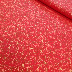 tissu coton imprimé BIO et OEKOTEX motifs NOEL ROUGE ET OR