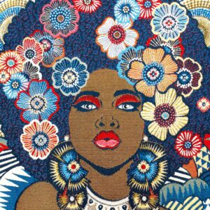 face de coussin en tapisserie motif femme fleurs