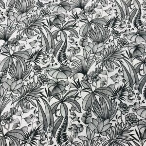 tissu coton imprimé OEKOTEX JAVA feuillages col noir et blanc