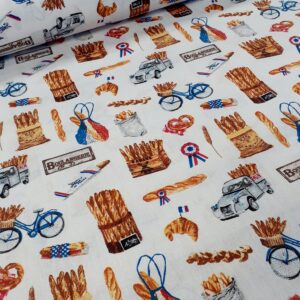 tissu coton en cretonne légère imprimée avec motifs Boulangerie , Pains et Symboles Français Bleu Blanc Rouge