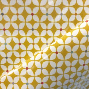 toile coton panama épaisse traitée PVC pour nappage motifs fleurs moutarde