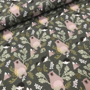 tissu coton imprimé BIO et OEKOTEX motifs hérissons et nounours fond vert kaki