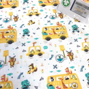 tissu coton imprimé BIO et OEKOTEX motifs enfantins school bus jaune
