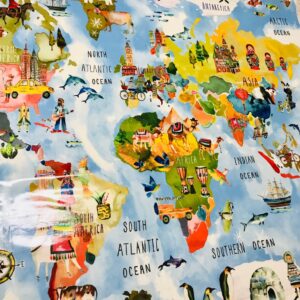 tissu Coton Enduit PVC très solide Motifs très originaux Mappemonde naîve enfantine Richement colorée et illustrée