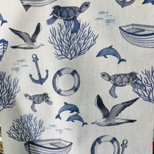 tissus plein air motifs bleus thème mer fond gris