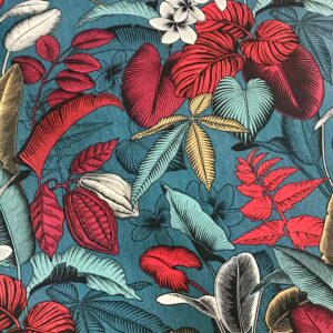 joli tissu d'ameublement imprimés originaux coloris Bleu canard er rouge sur une toile demi panama Coton