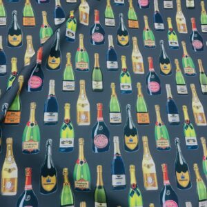 Tissu épais en polyester imprimé motifs bouteilles de champagne fond gris foncé