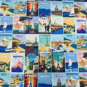 Tissu épais en polyester imprimé motifs CARTES POSTALES villes de France