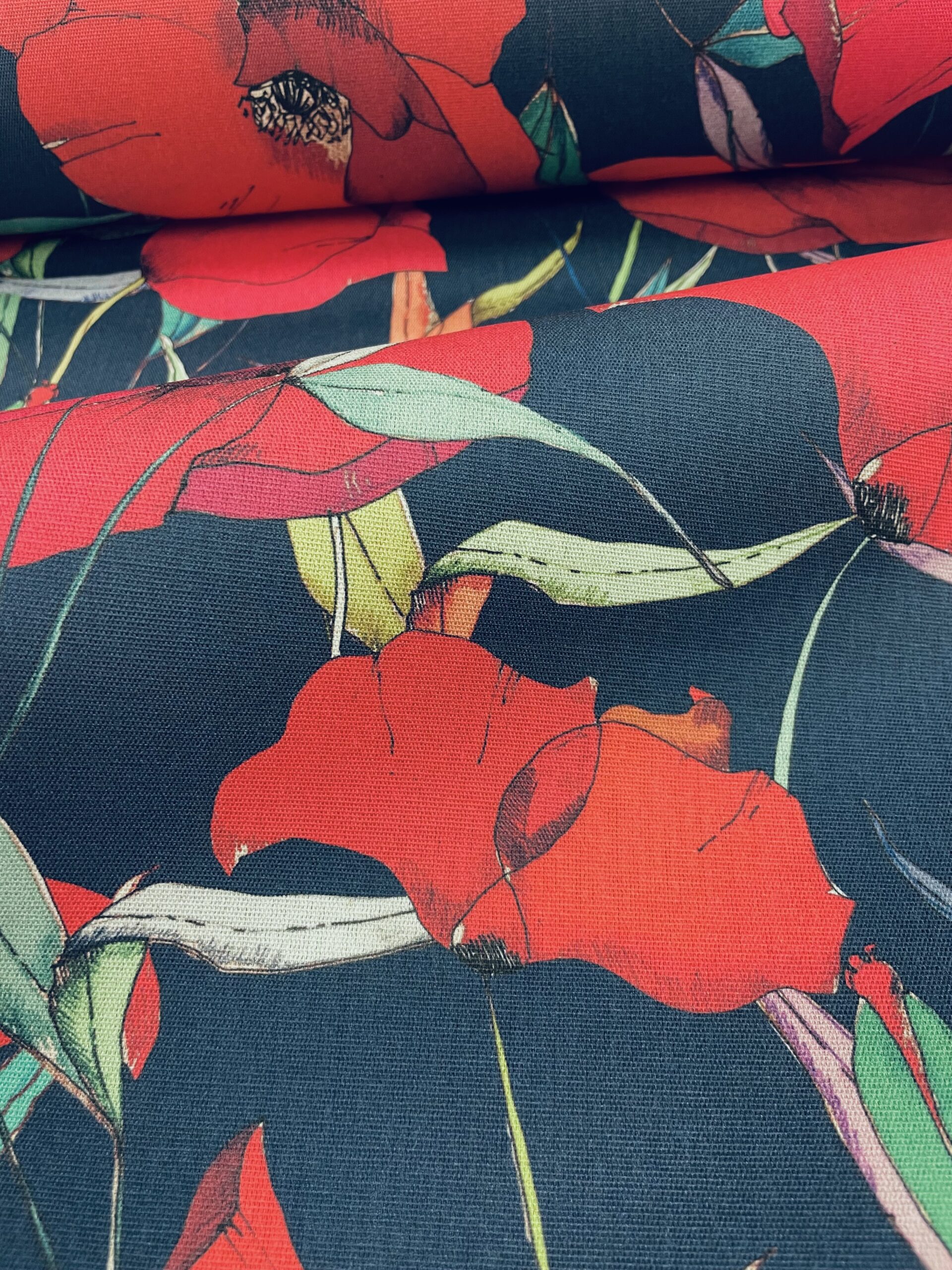 tissu plein air REF Coquelicot Digisun fond Bleu en 160cm de largeur