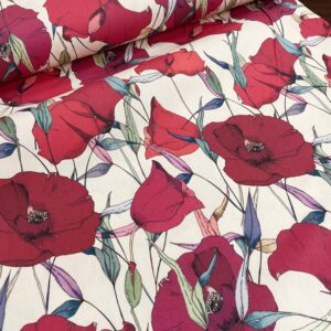 tissu plein air REF Coquelicot Digisun fond SABLE en 160cm de largeur