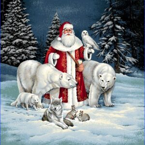 PAPA NOEL ET ANIMAUX BLANCS carré de tapisserie 45*45cm motifs de NOEL avec une touche de fil lurex argenté