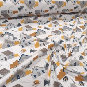 tissu coton jersey bio et oekotex coloris maisonnettes moutarde